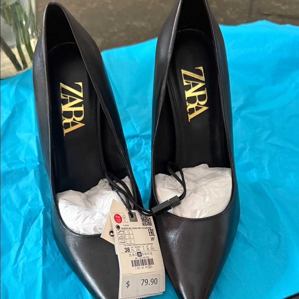 Zara Black Pointed Leather Pumps with Gold Logo
